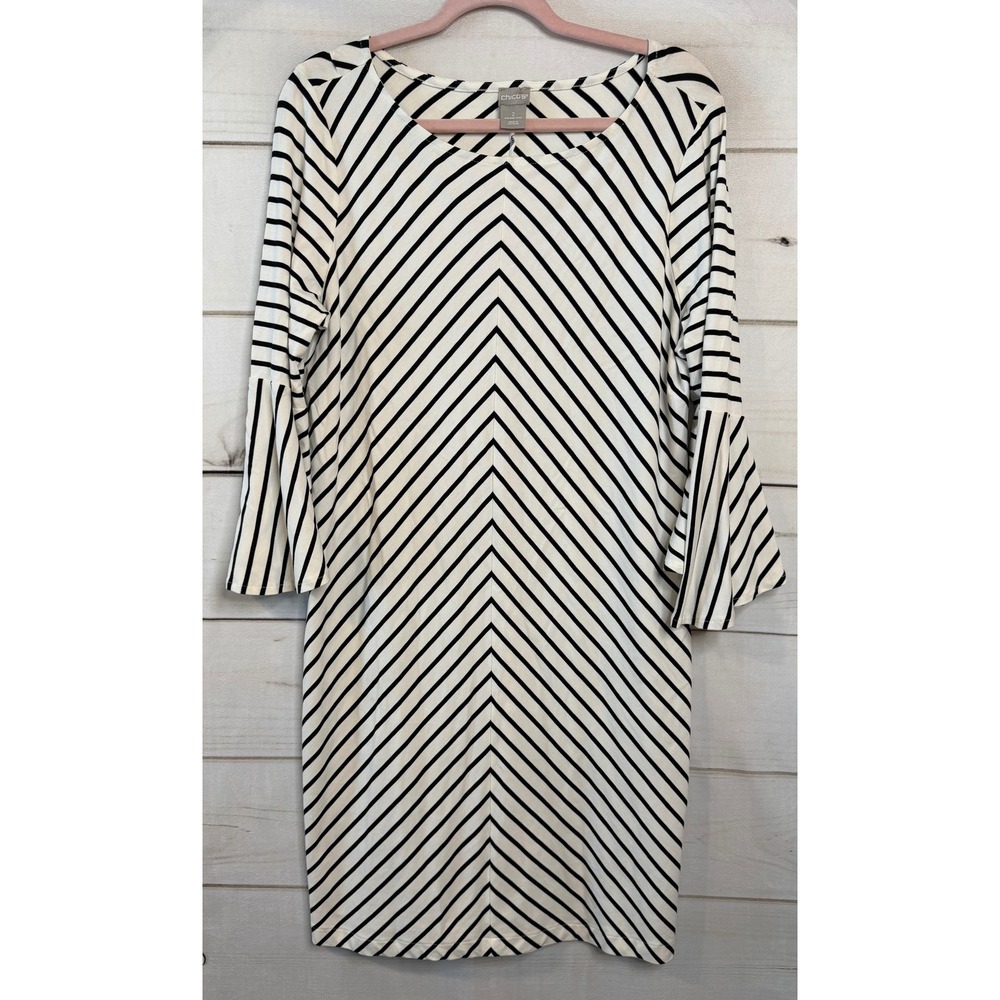 Chicos Black White Chevron‎ Stripe Bell Sleeve Shift Dress Womens Size 2 L 12/14
